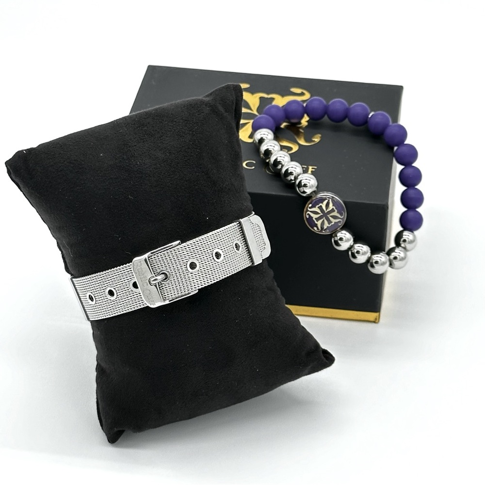 Rustic Cuff Stack Bundle Silver Mesh Buckle & Purple Silver Melanie Bracelets